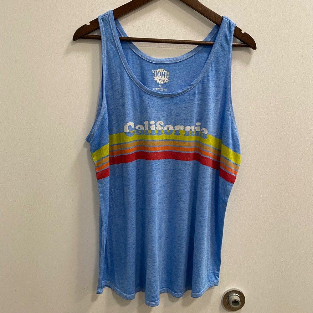 Home Free Tank Top Sz 3X Blue California Retro Rainbow Graphic Beachy Slub Knit